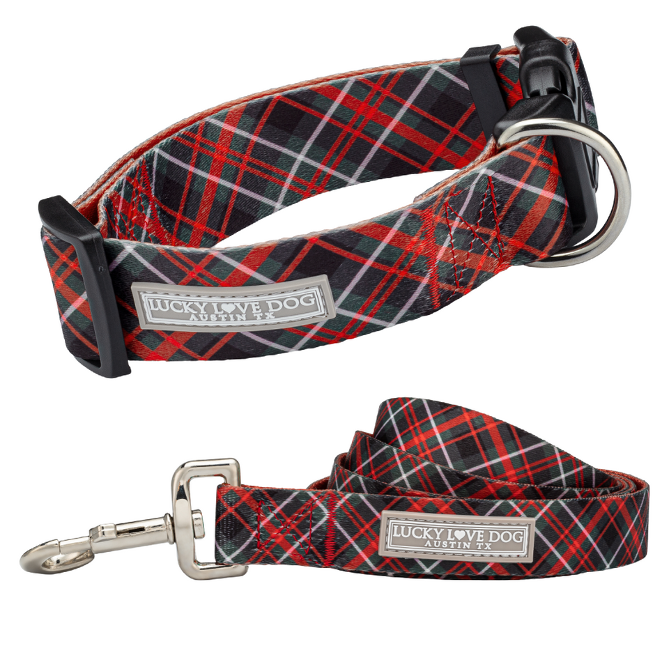 Red and black plaid dog collar and matching leash from Lucky Love Dog.