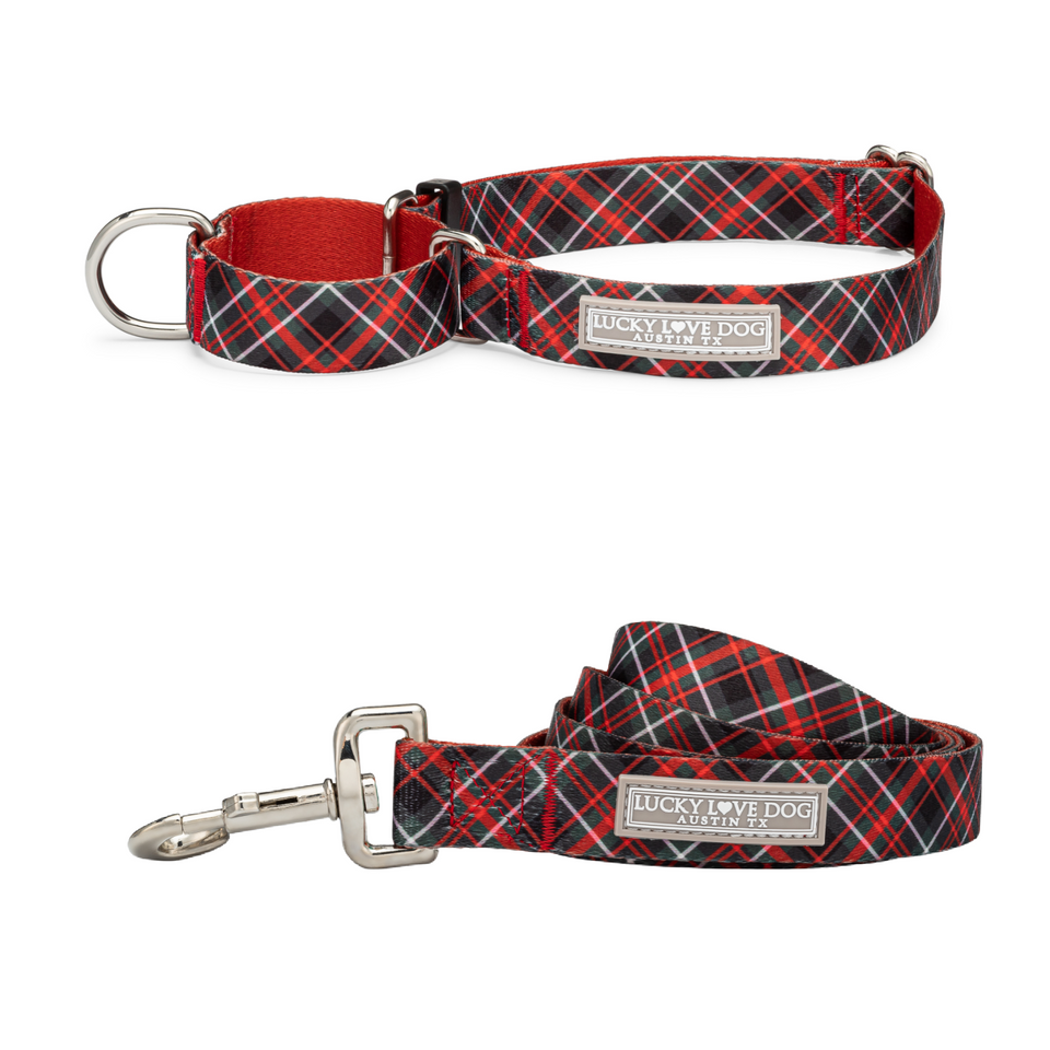 Red and black plaid dog collar and matching leash from Lucky Love Dog.