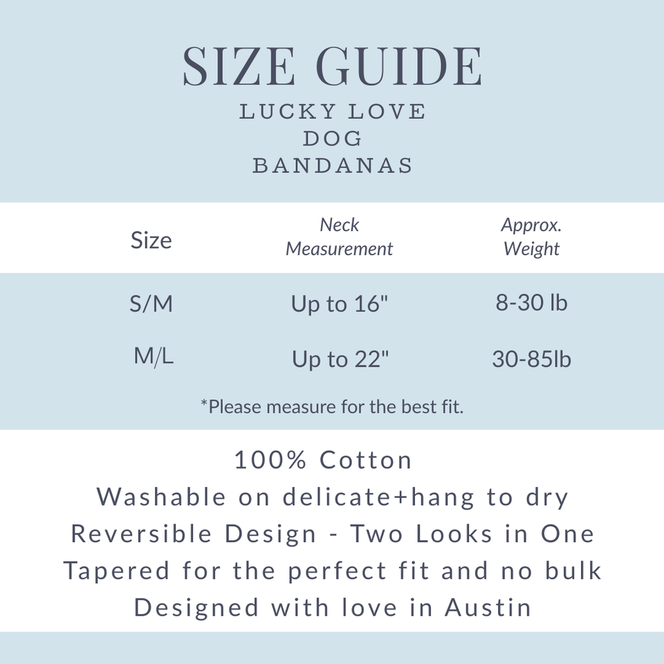 Dog bandana size chart and guide from Lucky Love Dog featuring neck measurement and weight specifications for S/M and M/L sizes.