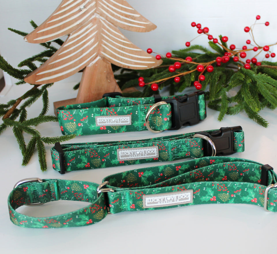 Green holiday Lucky Love Dog collars displayed with festive decor.