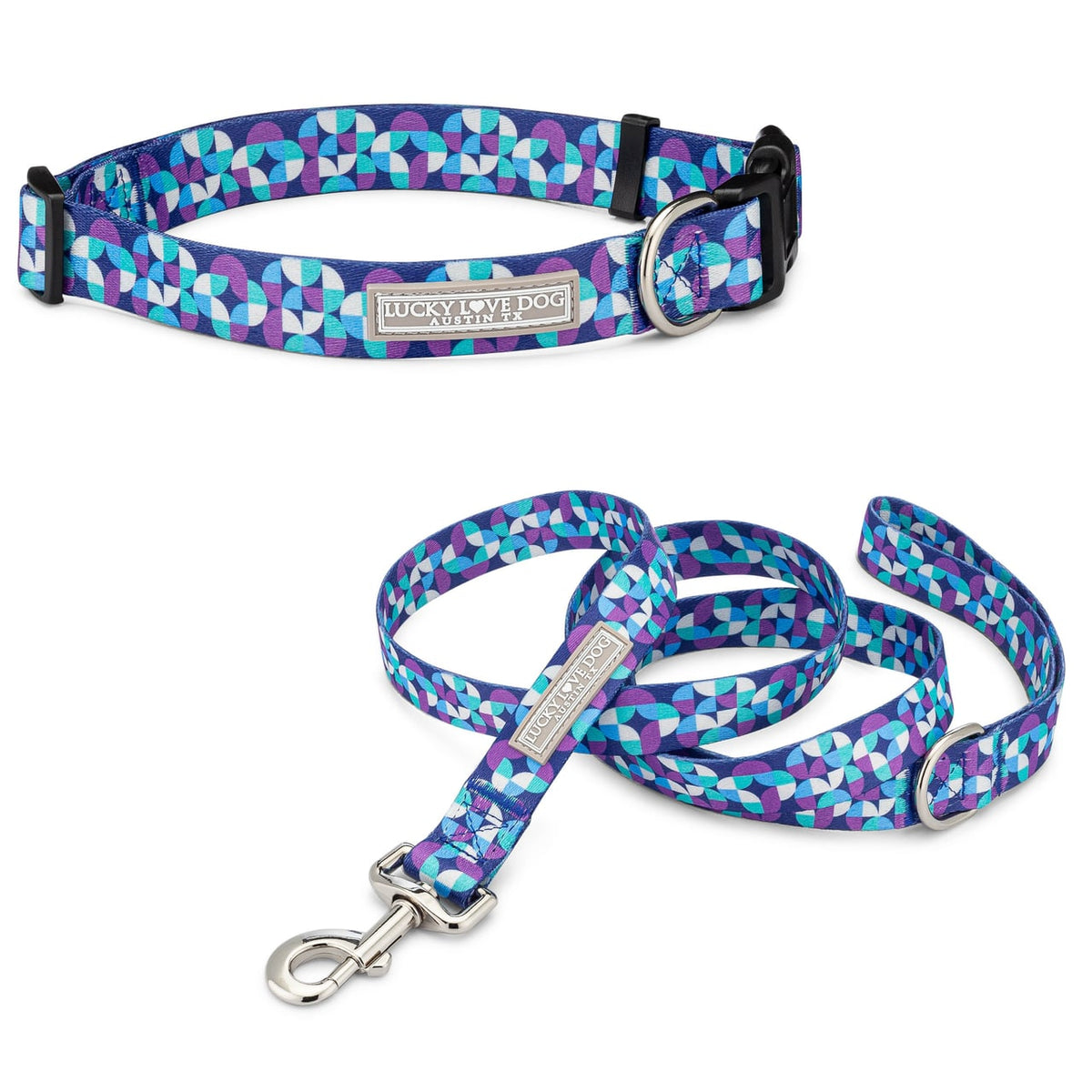Purple and teal geometric Lucky Love Dog collar and matching leash set