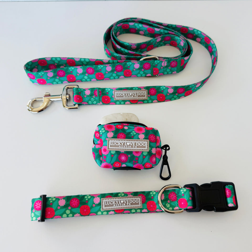 Dog leash, collar, and pouch set with floral pattern on a white background