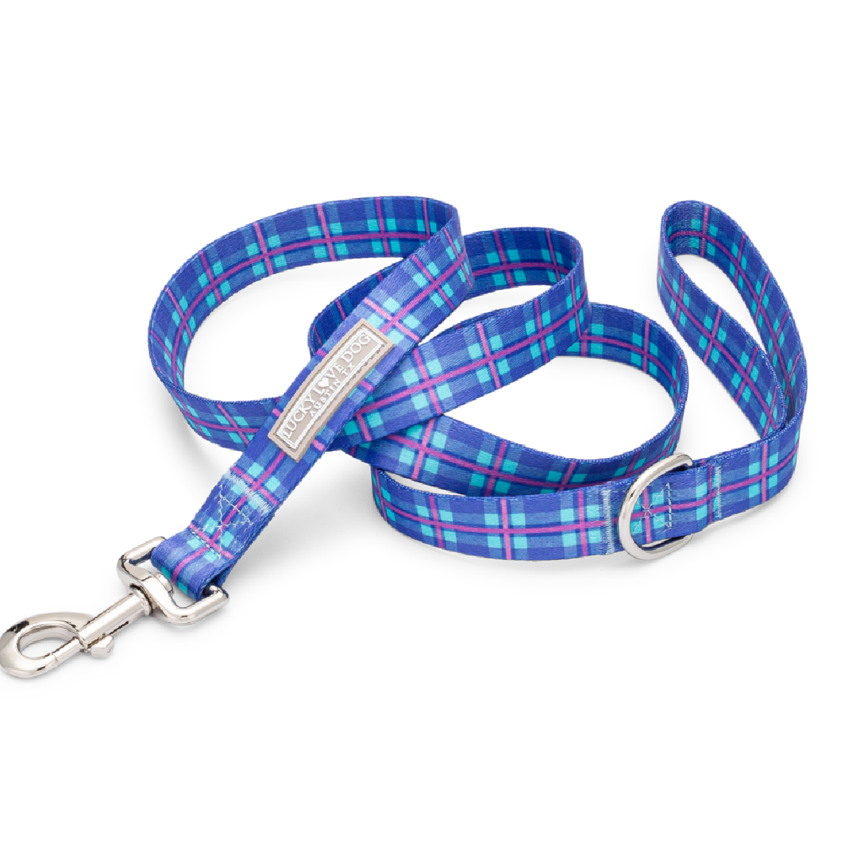 Blue plaid Lucky Love Dog leash with metal clasp.