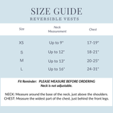 A size guide chart for reversible vests, showing neck and chest measurements for sizes XS, S, M, and L with fit reminders below.