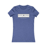 A heathered blue short-sleeve crewneck t-shirt with a white rectangular graphic on the chest that reads 'LUCKY LOVE DOG AUSTIN, TX' and 'FOR THE LOVE OF GODS' underneath, displayed on a solid white background.
