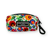 Colorful floral dog accessory pouch by Lucky Love Dog Austin, featuring a vibrant design and a convenient clip