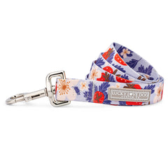 Strawberry and floral print dog leash with a silver clasp and Lucky Love Dog