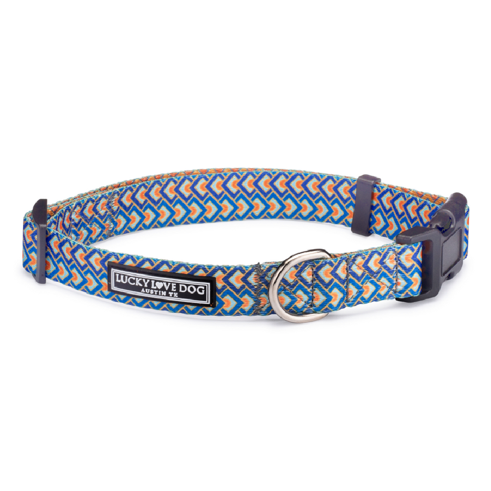 blue and orange geometric dog collar