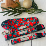 poinsettia red and green and blue dog collar leash