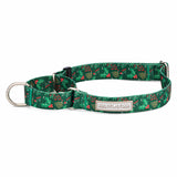 Green holiday-themed martingale dog collar by Lucky Love Dog Austin with holly and berry pattern and metal loops.