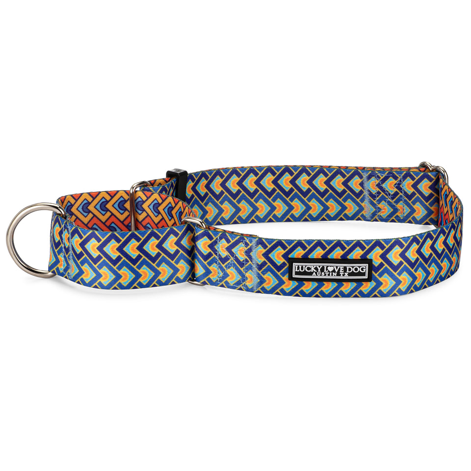 A vibrant martingale dog collar and matching coiled leash featuring a retro geometric pattern in navy, orange, and turquoise.