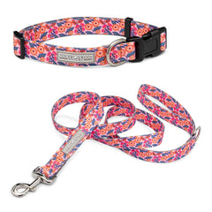 Pink and orange floral dog collar and matching leash with Lucky Love Dog