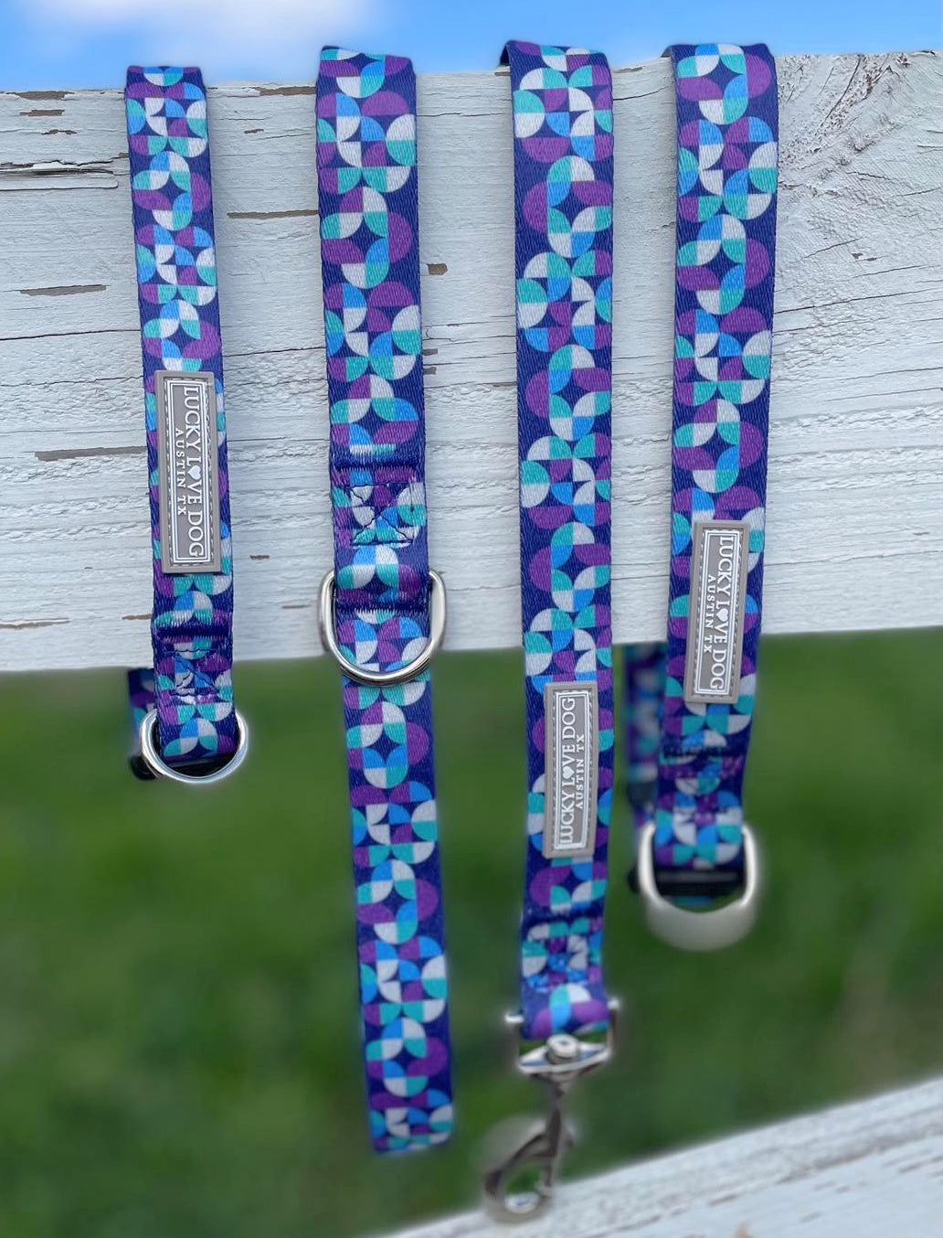 Set of blue and purple geometric-pattern Lucky Love Dog collars and leash