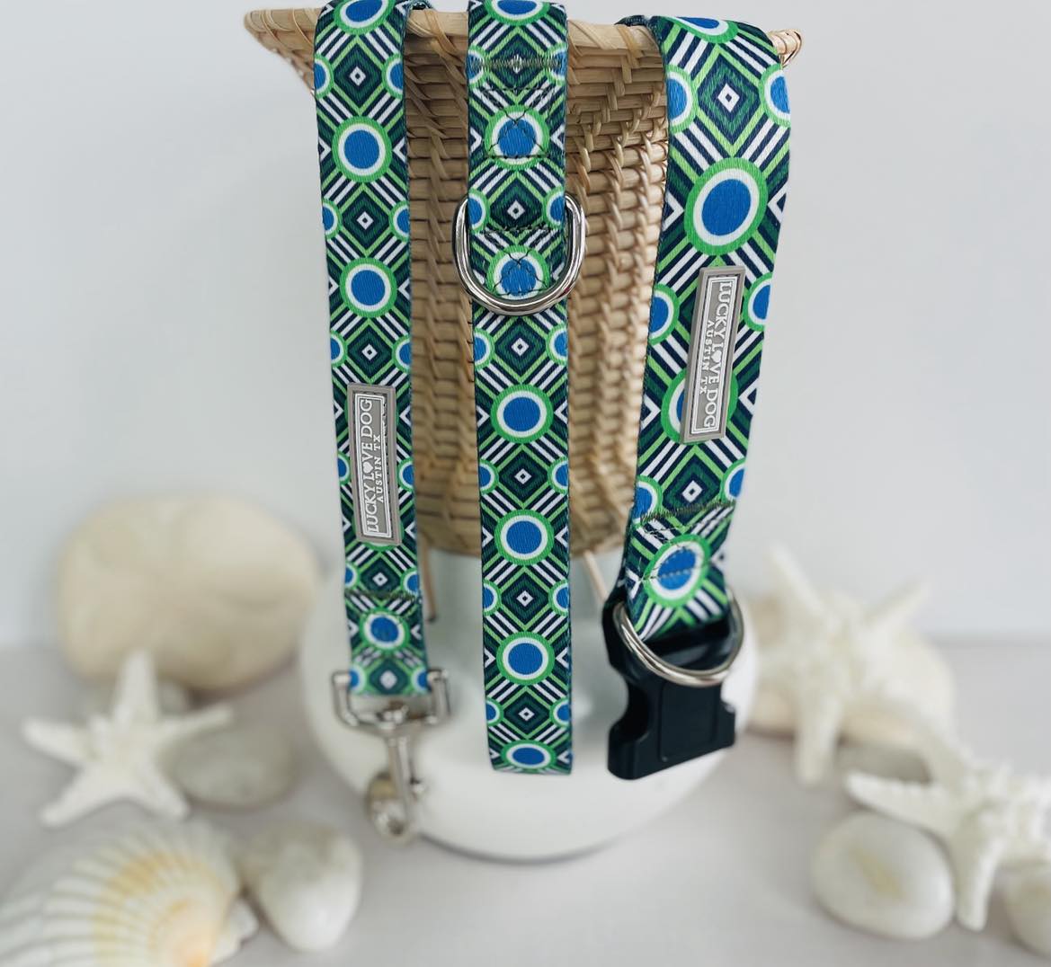 Green and blue geometric Lucky Love Dog collar and leash set