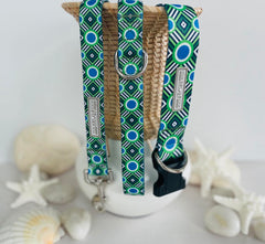 Green and blue geometric Lucky Love Dog collar and leash set