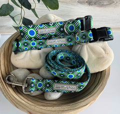 Green and blue geometric dog collar and leash set from Lucky Love Dog