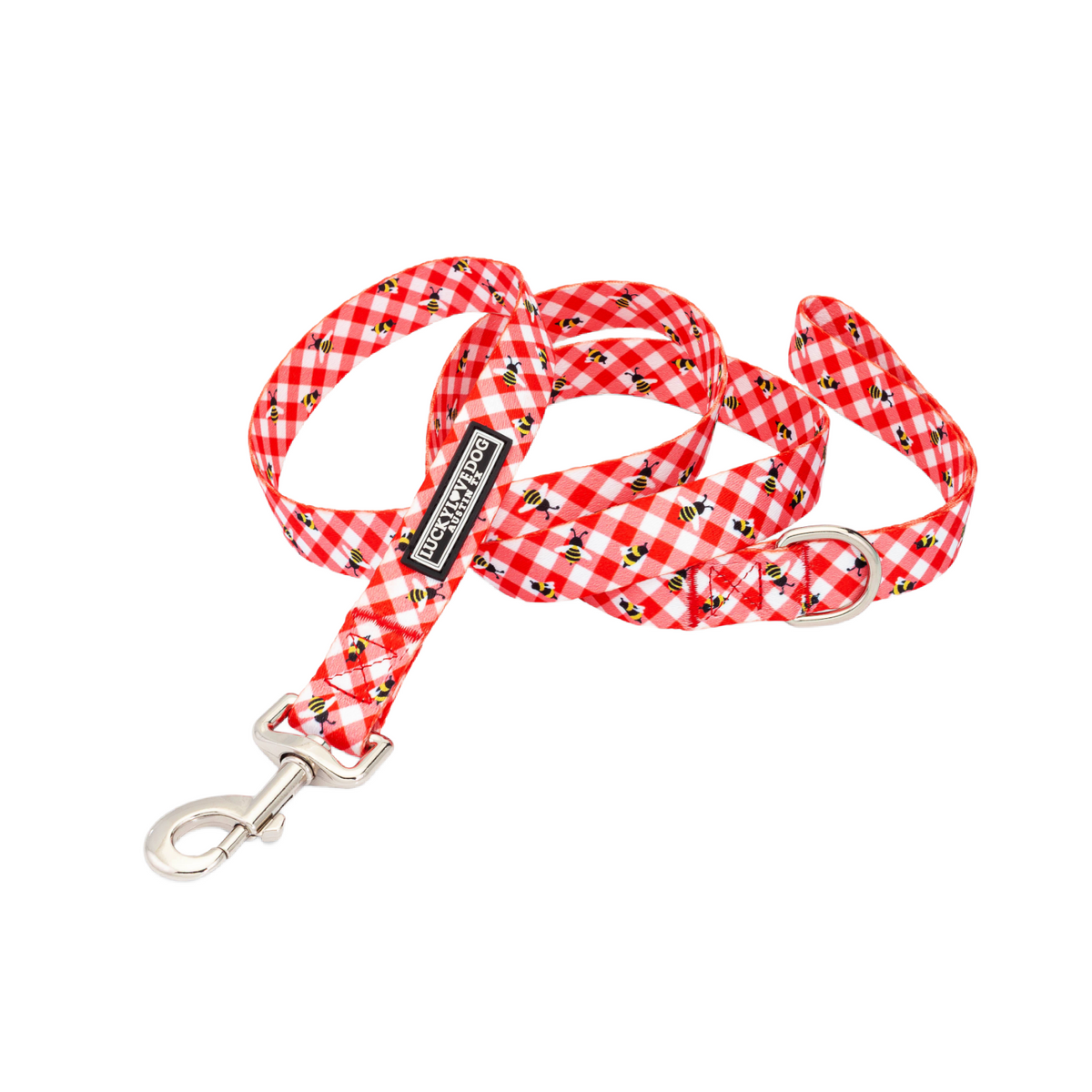 Red and white gingham dog leash with a cute bumblebee pattern.
