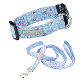 Lucky Love Dog blue collar and leash with red berry pattern.