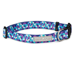Blue, teal, purple geometric-pattern dog collar with Lucky Love Dog