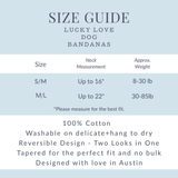 Dog bandana size chart and guide from Lucky Love Dog featuring neck measurement and weight specifications for S/M and M/L sizes.