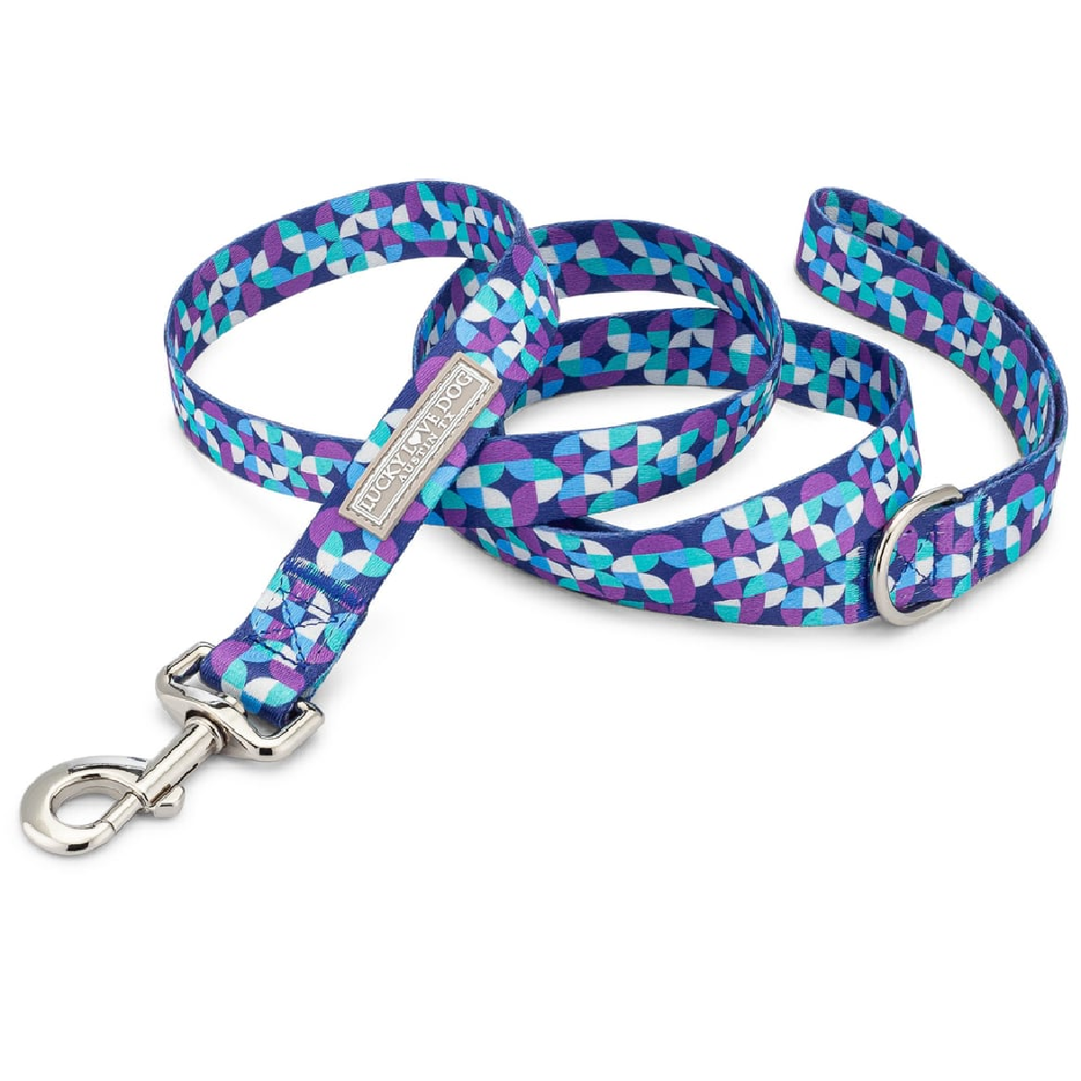 Blue geometric patterned Lucky Love Dog leash with silver clasp
