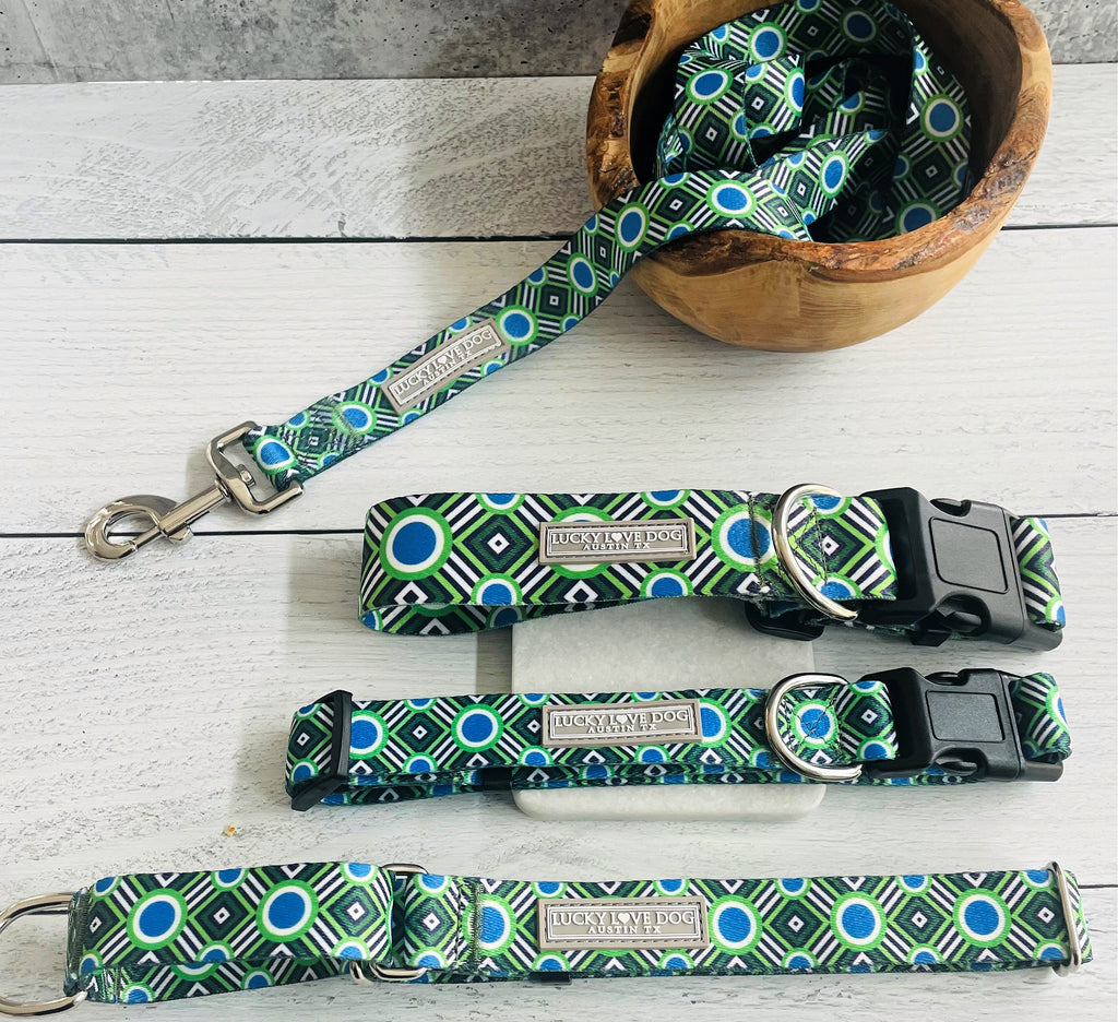 Leo blue and green wide martingale and regular collar