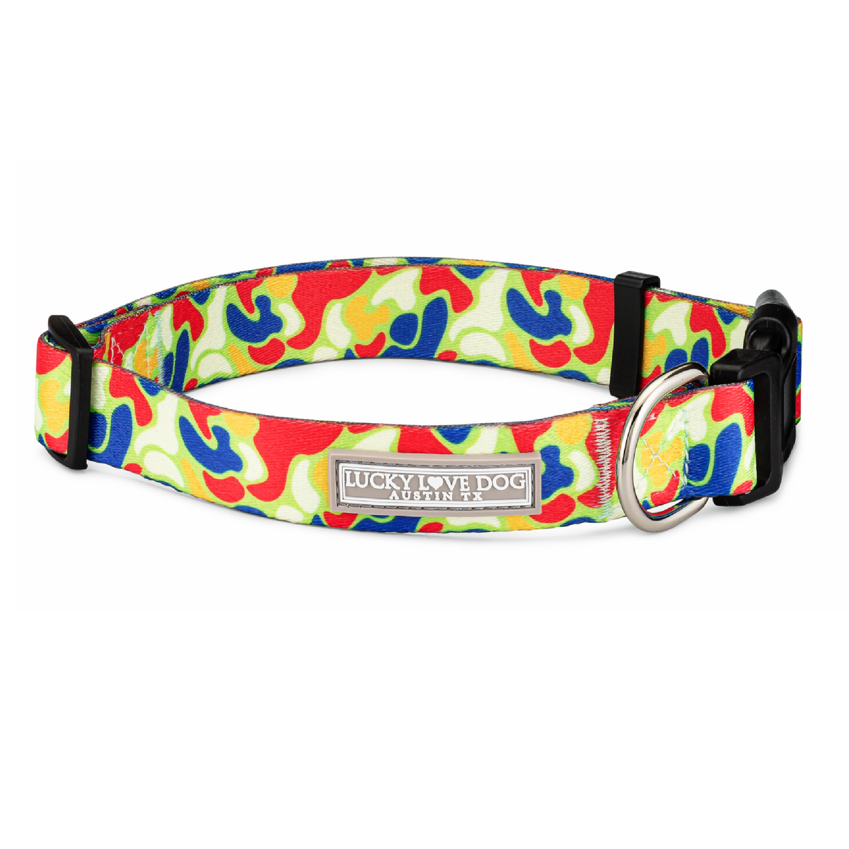 Colorful abstract-pattern dog collar with a Lucky Love Dog