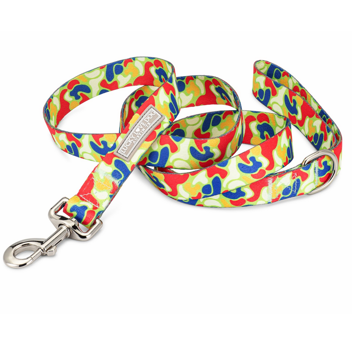 Bright multicolor dog leash with a bold abstract camo pattern and silver clasp