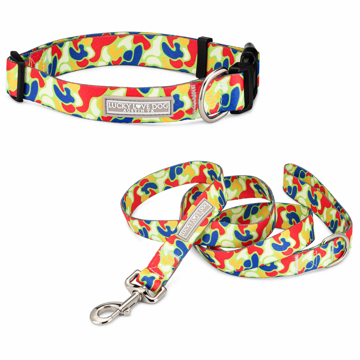 blue yellow red camo dog collar and leash