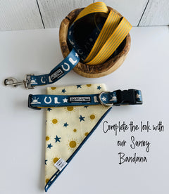 Dog collar, leash, and bandana set on a white surface with text 'Complete the look with our Sunny Bandana'.
