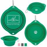 A green, collapsible silicone dog bowl shown from multiple angles, featuring a silver carabiner, a white paw print logo, and the Lucky Love Dog brand name.