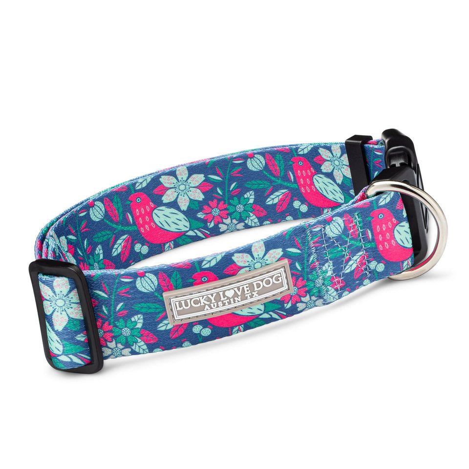 blue whimsical bird floral wide dog collar front