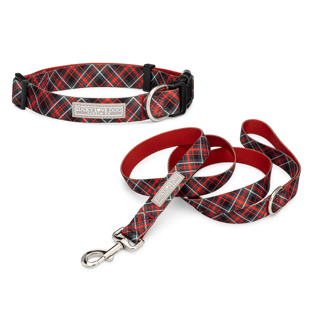 red plaid holiday dog collar and leash on white