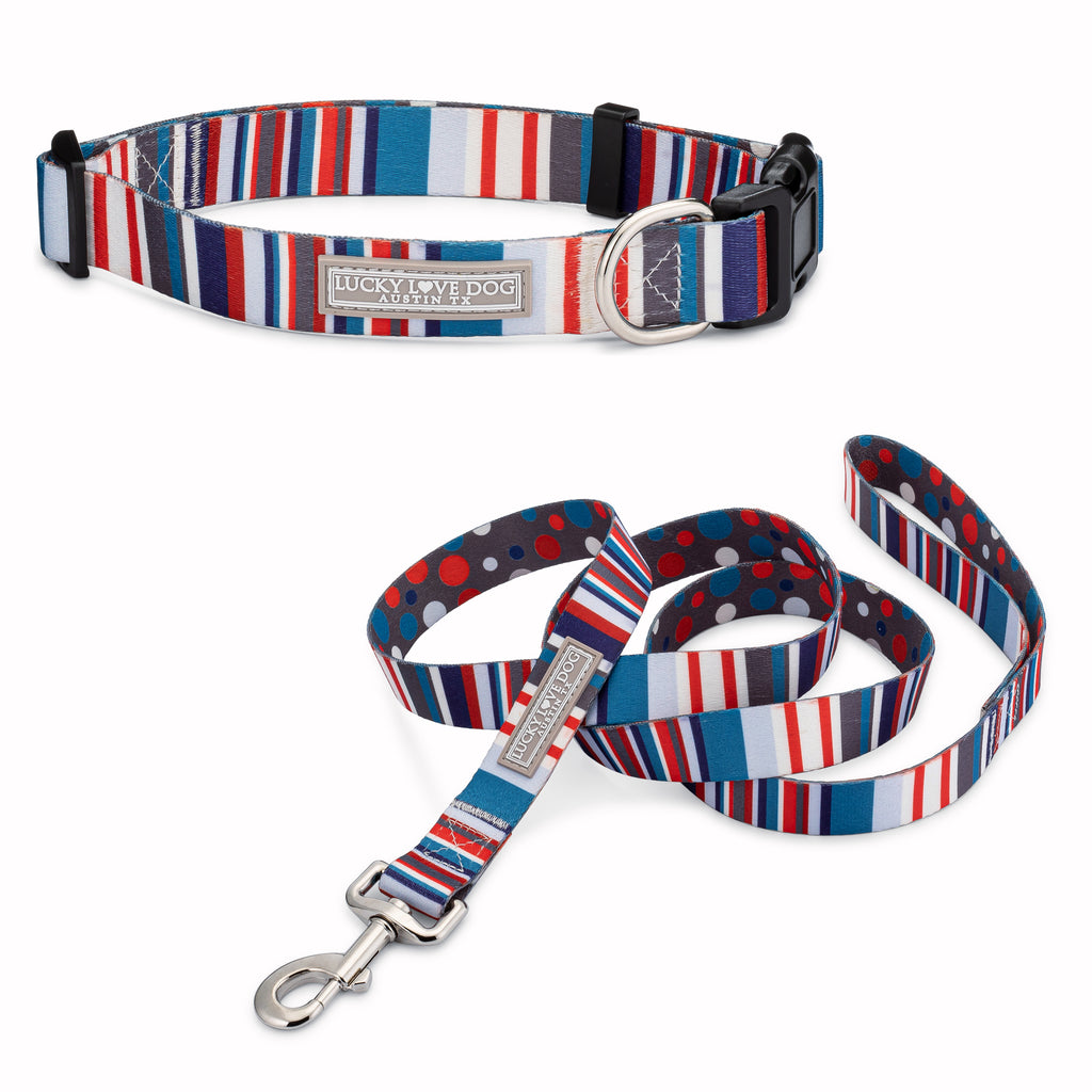 blue red nautical striped dog collar and leash display