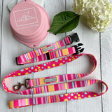 pink striped dog collar and leash with pink travel bowl