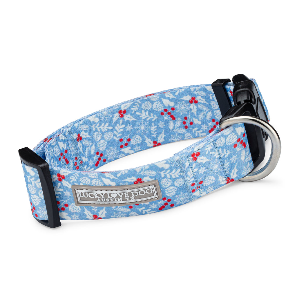 blue winter holiday berry wide dog collar