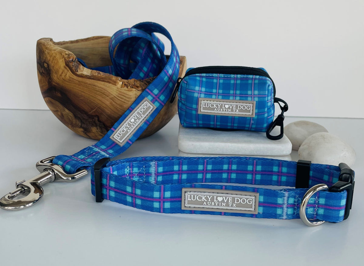 Blue plaid Lucky Love Dog collar, leash, and waste bag holder