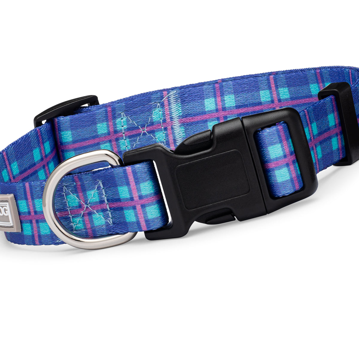 Blue plaid Lucky Love Dog collar with black buckle and metal D-ring.