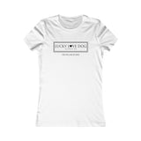 White t-shirt with black text on a white background