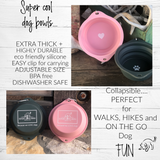 A collage featuring pink and grey collapsible silicone dog bowls with text highlighting their durability, portability, and dishwasher-safe, BPA-free material.