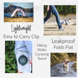 A marketing collage features lifestyle images of dogs camping and walking alongside a dark grey collapsible bowl clipped to a person's shorts to highlight its lightweight, leakproof, and travel-friendly design.