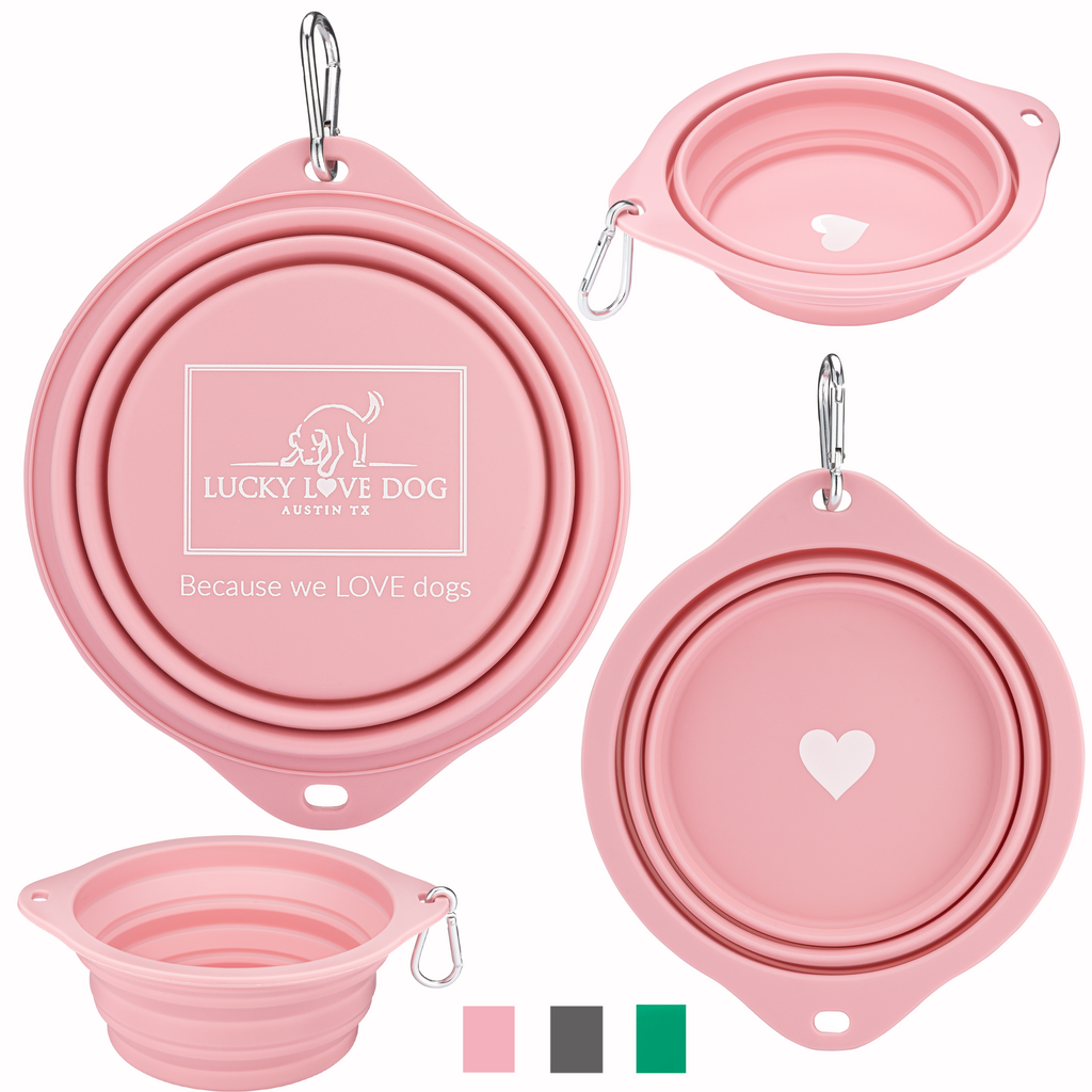 pink silicone collapsible dog travel bowl all views