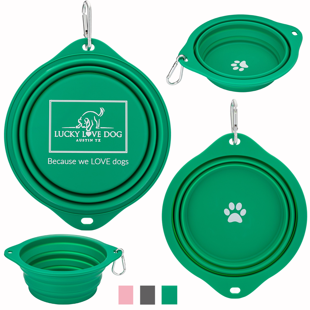 green collapsible travel dog bowl all views