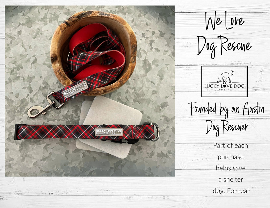 holiday plaid dog collar and leash graphic save a shelter dog