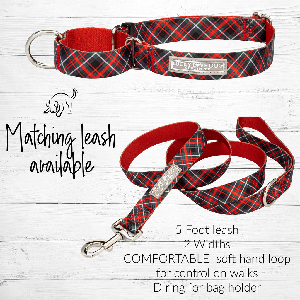 evergreen and red tartan plaid martingale cute dog collar and leash