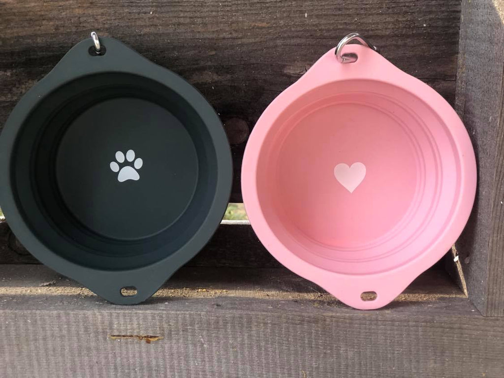 gray pink travel collapsible dog bowls 