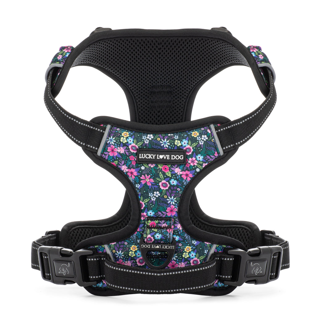 purple floral dog harness front on white background